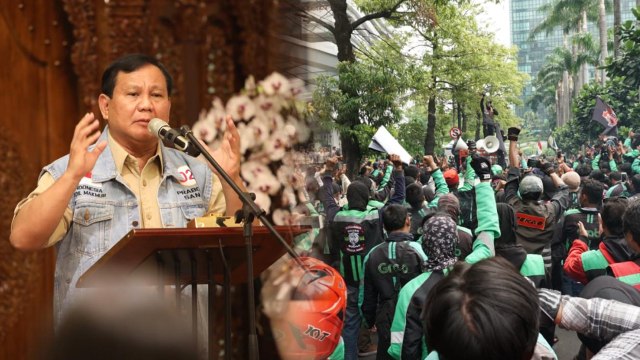 Prabowo dan tukang ojek. (Foto: Ricad Saka/kumparan, Helmi Afandi Abdullah/kumparan)