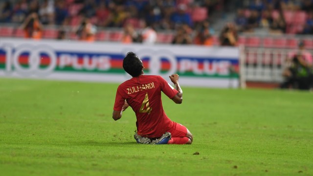 Selebrasi Zulfiandi seusai menyarangkan bola ke gawang Thailand. (Foto: Antara/Akbar Nugroho Gumay)