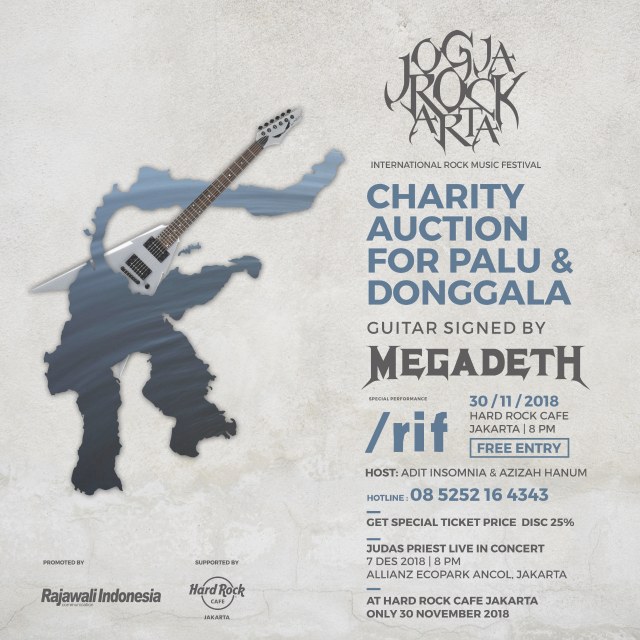 Megadeth lelang gitar untuk bantu korban bencana Palu dan Donggala
 (Foto: Rajawali Indonesia Communication)