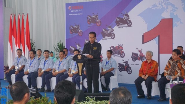 Presiden Jokowi hadiri seremoni 1,5 juta unit ekspor Yamaha Indonesia di Pulogadung, Jakarta Timur, Senin (3/12). (Foto: Aditya Pratama Niagara/kumparanOTO)