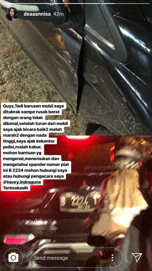Mobil Dea Imut Ditabrak Orang. (Foto: Instagram Story @deaaannisa.)