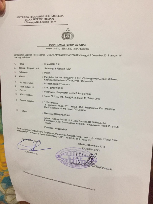 Surat tanda terima pelaporan Bareskrim Polri terhadap Ahmad Basarah. (Foto: Istimewa)