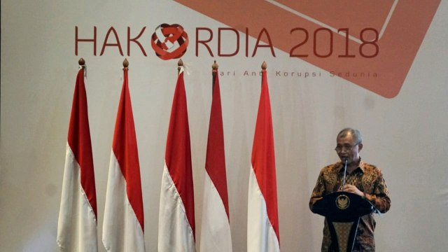 Ketua KPK Agus Rahardjo memberi sambutan di acara Hakordia 2018. (Foto: Nugroho Sejati/kumparan)