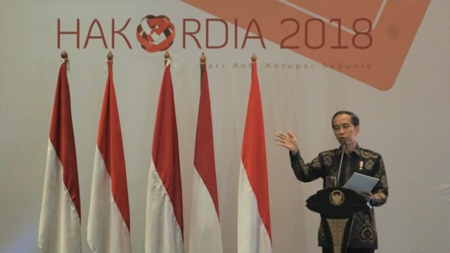 Presiden Joko Widodo berikan sambutan di acara Hakordia 2018. (Foto: Nugroho Sejati/kumparan)