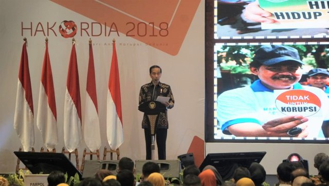 Presiden Joko Widodo memberikan sambutan di acara Hakordia 2018. (Foto: Nugroho Sejati/kumparan)