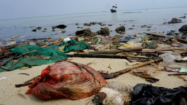 Sampah plastik di tepi pantai Pulau Pari. Foto: Iqbal Firdaus/kumparan