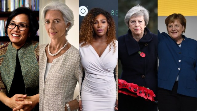 Sri Mulyani, Christine Lagarde, Serena Williams, Theresa May, dan Angela Merkel, masuk ke dalam daftar 100 Perempuan Paling berpengaruh di Dunia. (Foto: REUTERS, AFP)