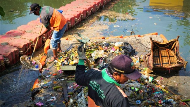 Petugas PPSU sedang memunguti sampah yang bertebaran terbawa arus air Kali Angke, di kawasan Kali Pojok, Tambora, Jakarta Barat, Kamis (13/12). (Foto: Iqbal Firdaus/kumparan)
