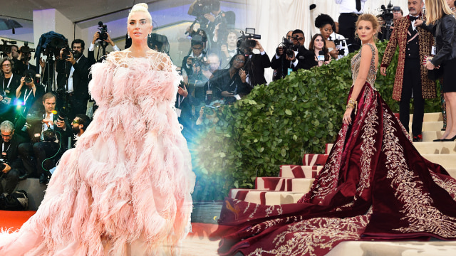 Lady Gaga di premiere film A Star Is Born dan Blake Lively di Met Gala 2018. (Foto: AFP/Vincenzo Pinto, AFP/Hector Retamal)