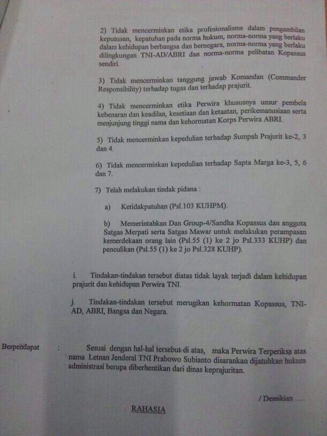 Surat pemecatan Prabowo dari TNI oleh DKP yang beredar (Foto: Istimewa)