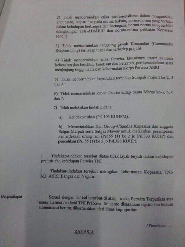 Surat pemecatan Prabowo dari TNI yang beredar (Foto: Istimewa)