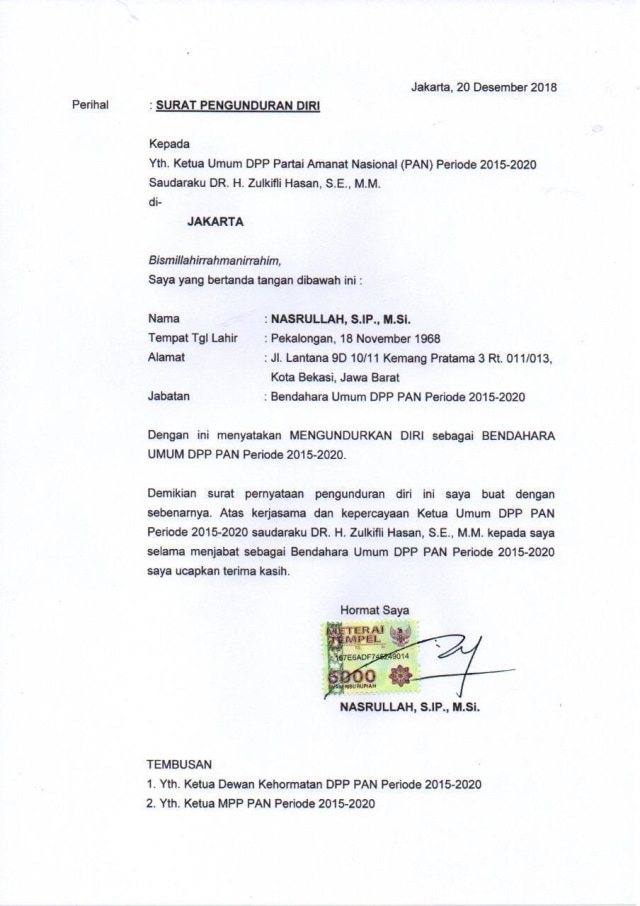 Surat pengunduran diri Nasrullah sebagai Bendahara Umum PAN  (Foto: Dok. Istimewa)