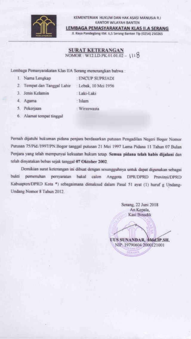 Surat keterangan dari Kepala Lapas.
 (Foto: Dok. KPU)