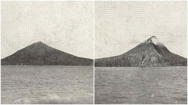 Gunung Krakatau sebelum meletus (kiri) dan sesudah meletus (kanan) tahun 1883. (Foto: Wikipedia/Koleksi Museum Tropen)