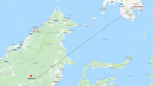 Jarak dengan letak gempa 6,9 Magnitudo yang mengguncang di Kota Davao, Filipina. (Foto: Dok. Google Maps)