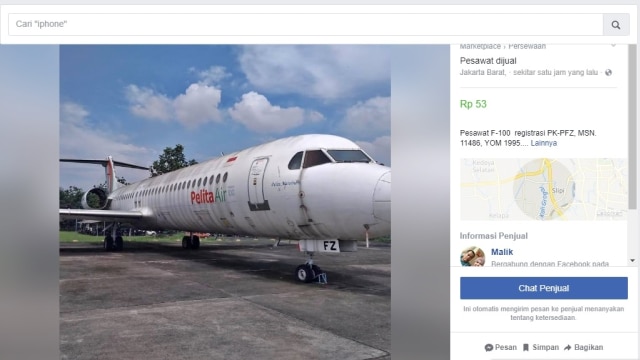 Pesawat Pelita Air dijual via Facebook. (Foto: Dok. Istimewa)
