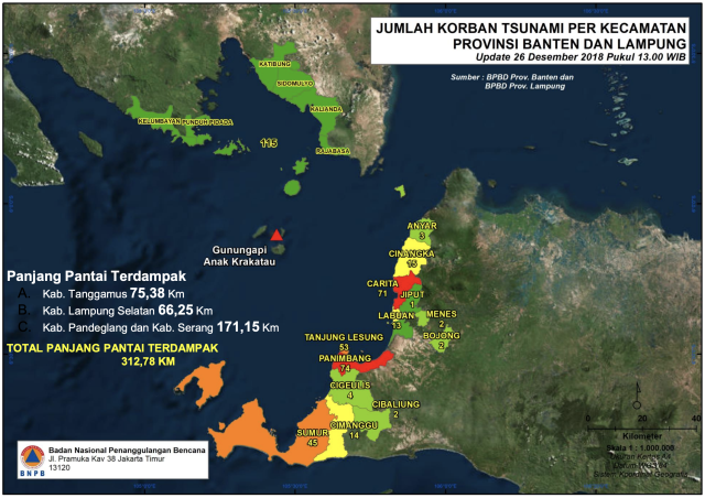 Peta area terdampak Tsunami Selat Sunda. (Foto: Dok. BNPB)