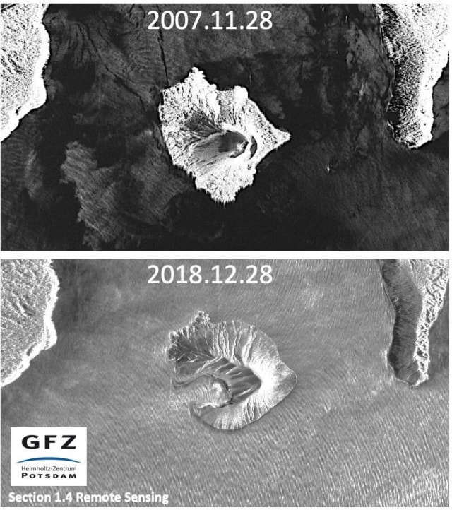Citra satelit Anak Krakatau sebelum dan sesudah erupsi. (Foto: Dok. GFZ Helmholtz Centre Potsdam via BMKG.)