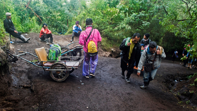 Sejumlah penambang membawa wisatawan atau pendaki menuju puncak gunung Ijen, Banyuwangi, Jawa Timur. (Foto: Antara/M Agung Rajasa)