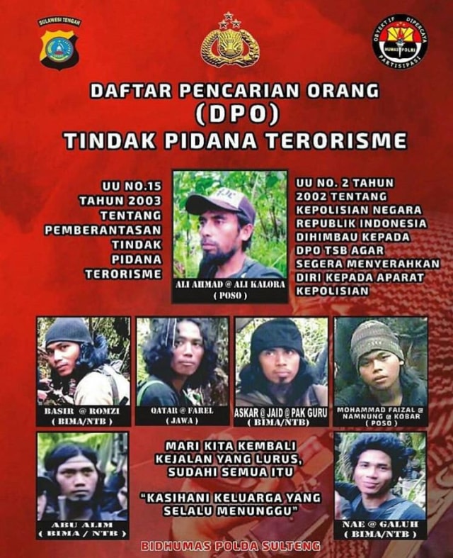 DPO 7 teroris di Sulawesi Tengah. (Foto: Dok. Polda Sulteng)