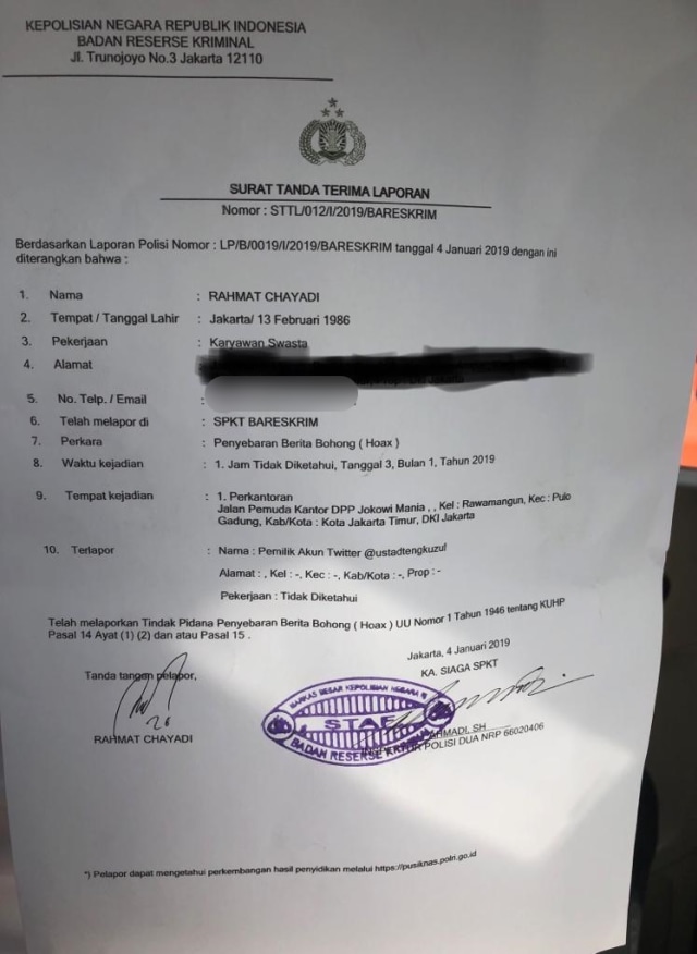 Surat laporan kepada akun Twitter @ustadtengkuzul dilaporkan ke Bareskrim Polri. (Foto: Dok. Istimewa)