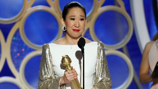 Sandra Oh di Golden Globes 2019 (Foto: Paul Drinkwater/NBC Universal)
