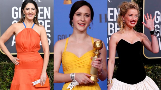 D'Arcy Carden, Rachel Brosnahan, dan Amber Heard Mengenakan Gelang Time's Up dalam Ajang Golden Globes 2019. (Foto: Valerie Macon/ AFP, Mark Ralston/ AFP, Mike Blake/ Reuters)