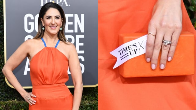 D'Arcy Carden Mengenakan Pita Time's Up saat Menghadiri Golden Globes 2019. (Foto: Valerie Macon/ AFP)