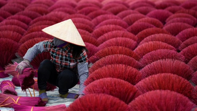 Seorang pekerja sedang mengeringkan batang bambu yang telah diproses, Desa Quang Phu Cau, Hanoi, Vietnam. (Foto: AFP/Manan VATSYAYANA)