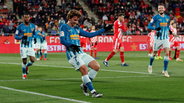 Griezmann menari usai membobol gawang Girona. (Foto: Reuters/Albert Gea)