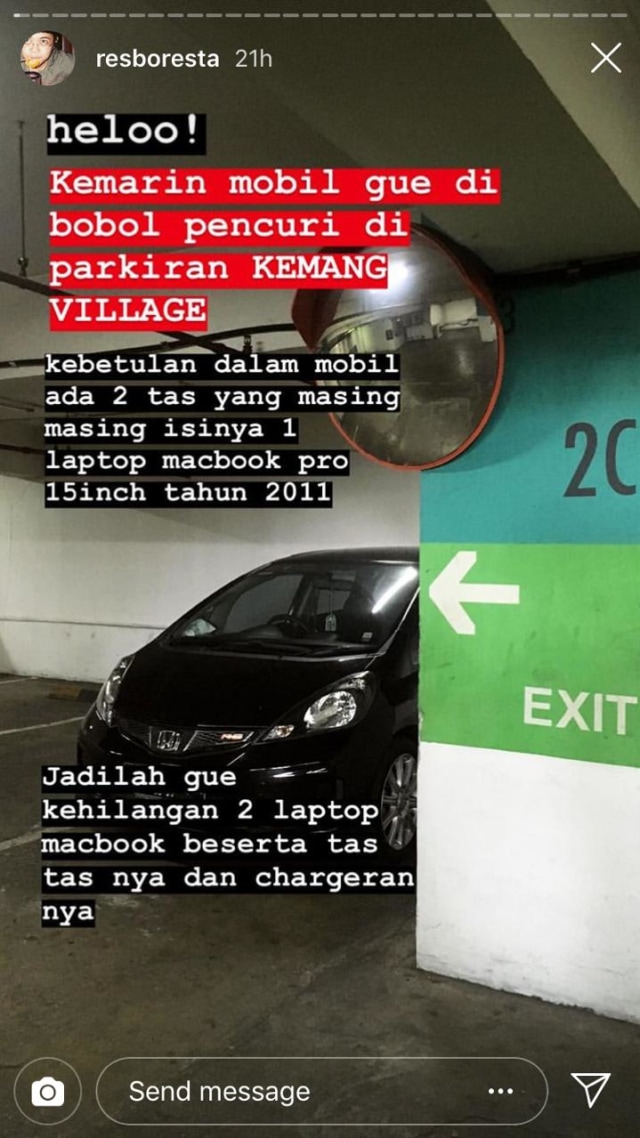 Rekaman Instagram story milik korban pencurian mobil di Kemang Village. (Foto: Dok. Istimewa)