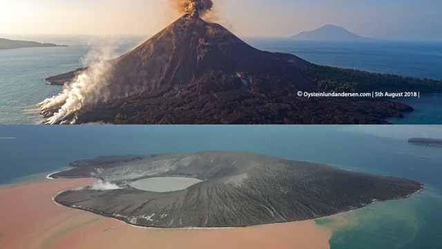 Perbandingan Gunung Anak Krakatau Agustus 2018 dan Januari 2019. (Foto: Øystein Lund Andersen (@OysteinLAnderse), James Reynolds (@EarthUncutTV))