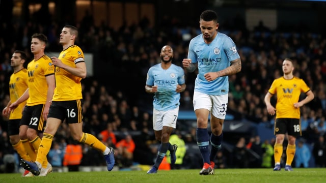 Pemain Manchester City, Gabriel Jesus, merayakan golnya ke gawang Wolverhampton Wanderers. (Foto: Reuters/Carl Recine)