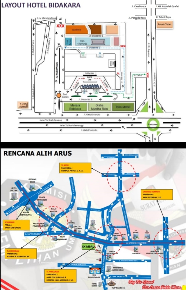 Peta rencana alih arus di sekitar lokasi debat Capres-cawapres di Hotel Bidakara, Jakarta Selatan. (Foto: Dok. Istimewa)