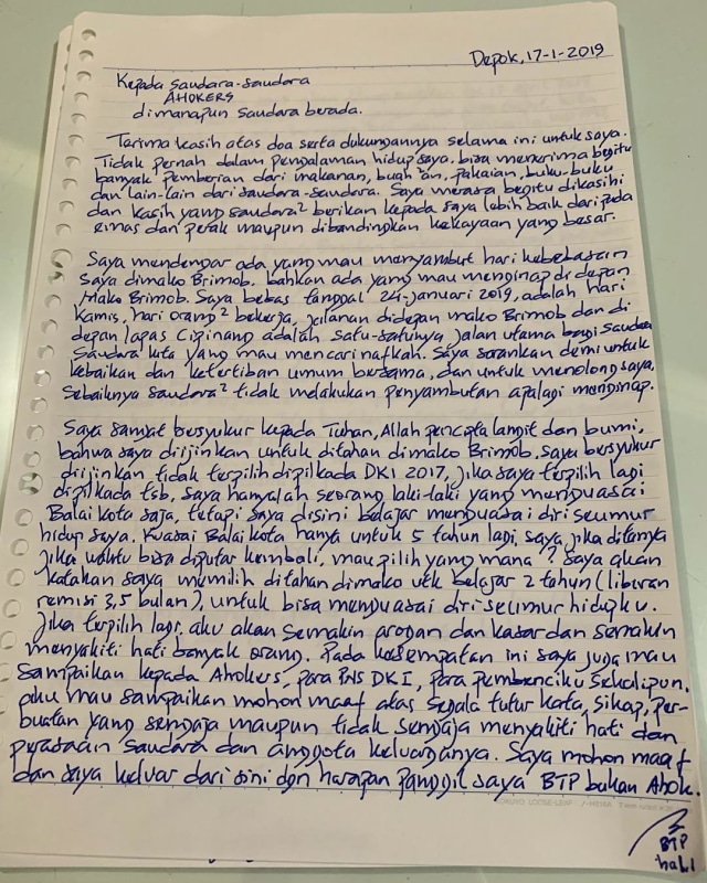 Surat Basuki Tjahaja Purnama terkait sukarelawan yang ingin menjemputnya di Mako Brimob. (Foto: Screenshoot Twitter/@basuki_btp)