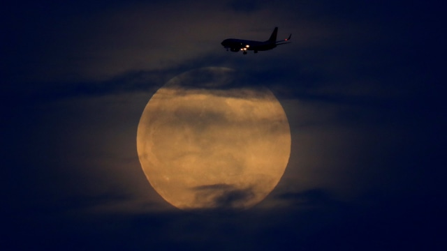 Sebuah pesawat terbang ketika fenomena 'super blood wolf moon'di San Diego, California, Amerika Serikat, (21/1). (Foto: REUTERS / Mike Blake)
