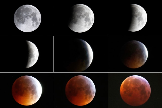 Kombinasi dari sembilan gambar menunjukkan bulan purnama berubah menjadi 'super blood wolf moon' di Frankfurt, Jerman.  (Foto:  REUTERS/Kai Pfaffenbach)