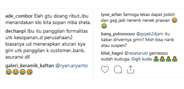 Beberapa komentar warganet terkait seorang customer yang berikan satu bintang ke sopir ojol lantaran tersinggung dipanggil 'ibu' (Foto: Instagram/@gojek24jam)