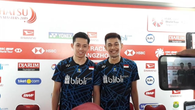 Rian Ardianto (kiri) dan Fajar Alfian (kanan) usai amankan tiket ke babak kedua Indonesia Masters 2019. (Foto: Karina Nur Shabrina/kumparan)