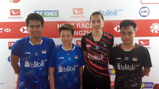 Tontowi/Liliyana usai kalahkan Hafiz/Gloria di babak kedua Indonesia Masters 2019. (Foto: Karina Nur Shabrina/kumparan)