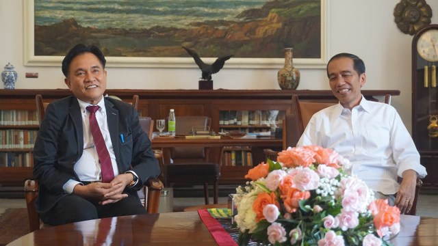 Presiden Jokowi (kanan) terima Yusril Ihza Mahendra (kiri) di ruang kerja, Istana Bogor, Jawa Barat. (Foto: Yudhistira Amran Saleh/kumparan)