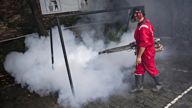 Petugas Fogging Kecamatan Palmerah melakukan pengasapan di SDN Kota Bambu 07 Pagi, Palmerah, Jakarta Barat. (Foto: Antara/Sigid Kurniawan)