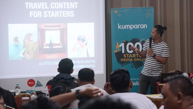 Putu Aditya (@commaditya), Travel Blogger, saat menjadi pembicara di Onboarding kumparan 1001 Media Online di Hotel Puri Denpasar, Jumat (25/1). (Foto: kumparan)