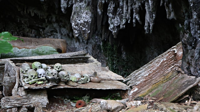 Deretan tengkorak manusia di atas peti mati dari kayu  (Foto: Helinsa Rasputri/kumparan)