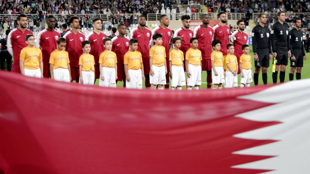 Timnas Qatar jelang pertandingan lawan Timnas Irak. (Foto: Reuters/Suhaib Salem)