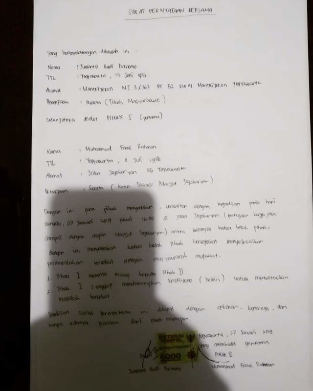 Surat bermaterai kesepakatan damai, Taklin Masjid Jogokariyan, PDIP Mantrijeron