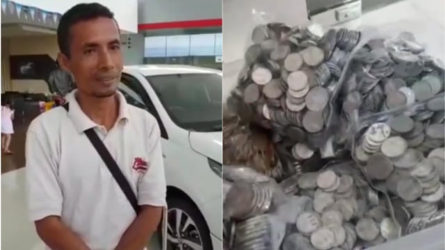 Tirta, petani asal Majalengka membeli mobil mewah menggunakan uang recehan  Rp 40 juta dan uang kertas dengan total lebih dari Rp 260 juta (Foto: YouTube)