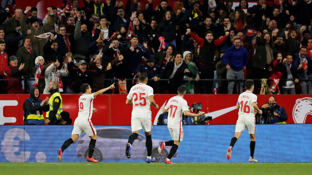 Perayaan gol Pablo Sarabia ke gawang Barcelona. (Foto: Marcelo del Pozo)