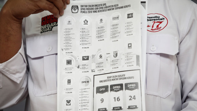 Ketua KPU Arief Budiman menunjukkan berkas berisi data calon legislatif dengan status mantan terpidana korupsi di kantor KPU, Jakarta, Rabu (30/1). (Foto: Antara/Dhemas Reviyanto)