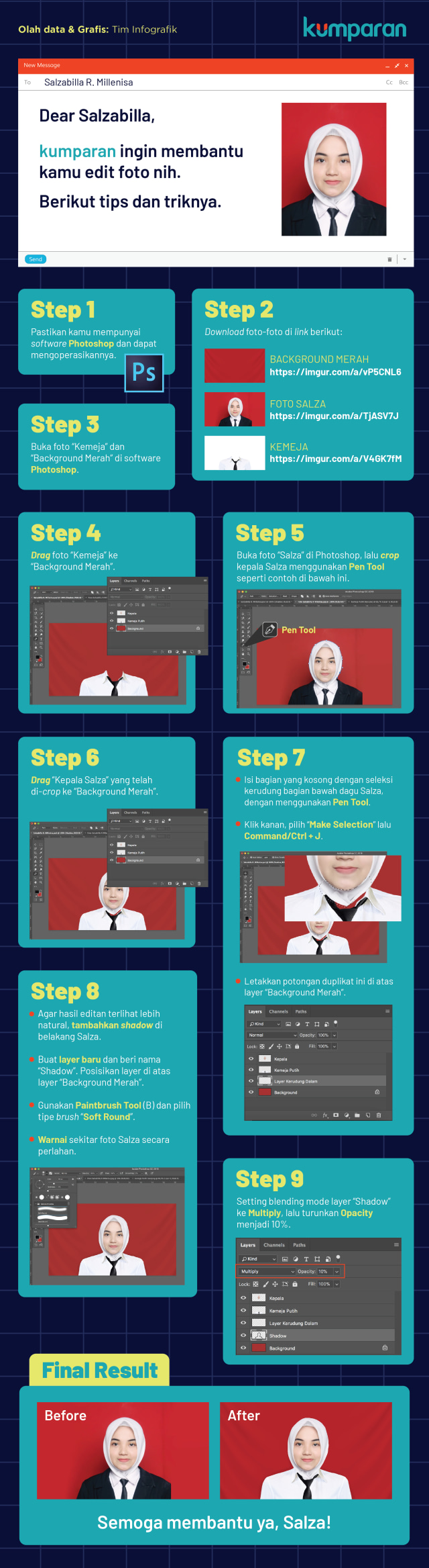 Infografik cara edit foto hilangkan jas Salzabilla. (Foto: Nunki Lasmaria Pangaribuan/kumparan)